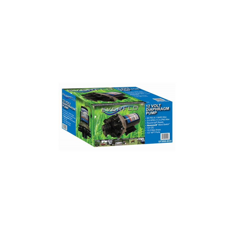 Everflo EF3000 12V Diaphragm Sprayer Pump, 3.0 GPM, 60 PSI, Demand Switch, 1/2" FNPT Ports
